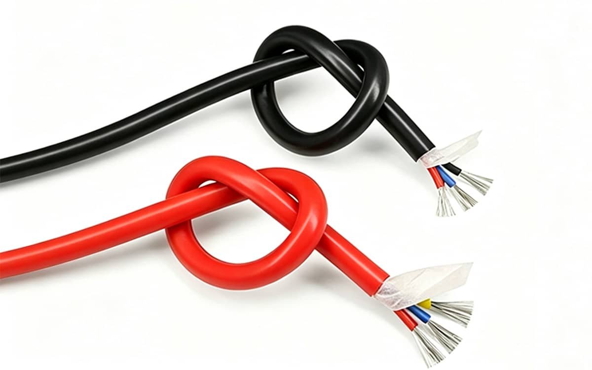 HULK ultra-flexible silicone cables shown tied in tight knots, demonstrating exceptional bendability and durability with tinned copper conductors for robotics, automation, and high-movement industrial applications.