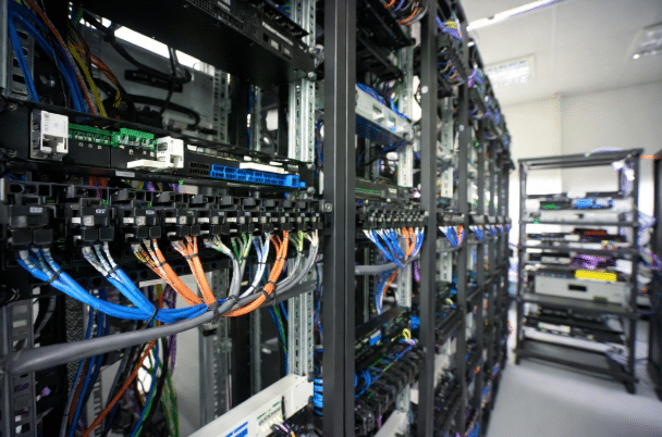 Close-up of LSZH cables in data center environment demonstrating protection for sensitive electronics and adherence to mission-critical project specifications