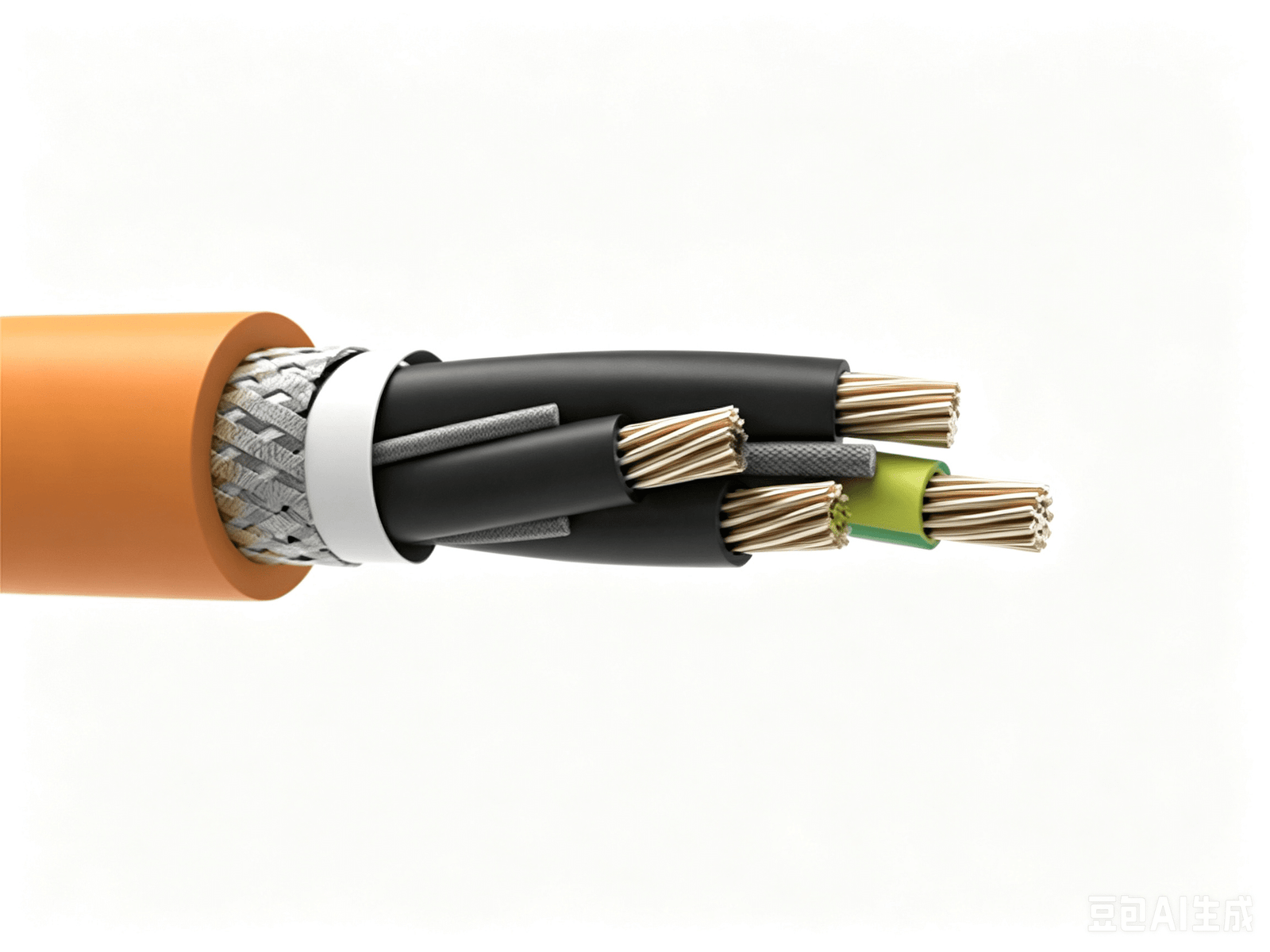 Close-up of an orange servo cable with shielded multi-core stranded copper conductors, engineered for high-dynamic motion control in CNC machines and industrial robots.