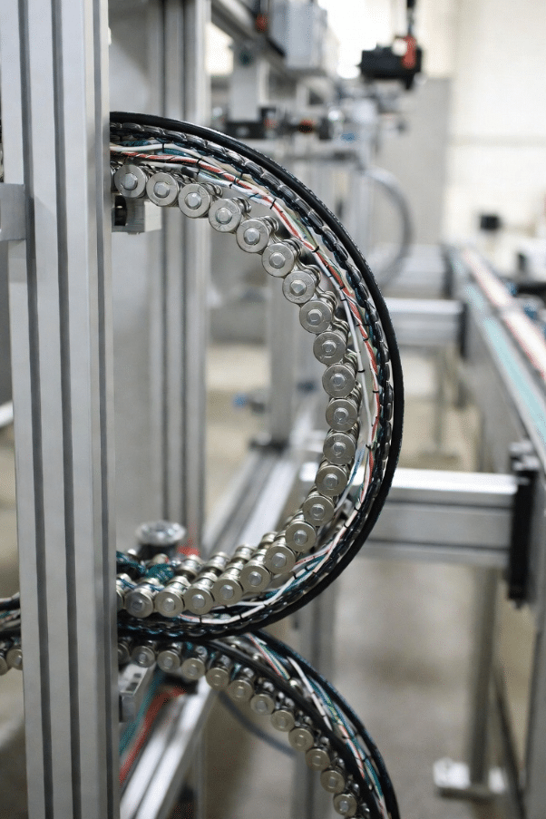 Close-up of continuous-flex drag chain cables routed in industrial energy chain, highlighting fine stranding and controlled bending for high-cycle automation applications