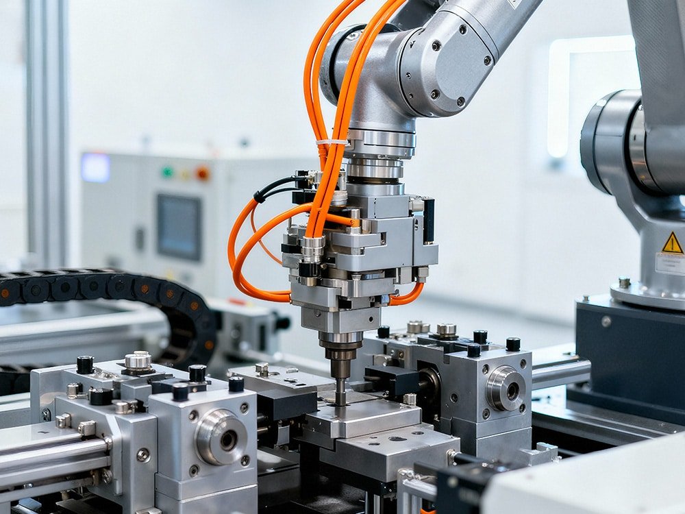Close-up of an industrial collaborative robot arm equipped with bright orange high-flex servo cables running through a drag chain, demonstrating durability for precision automation and CNC assembly tasks.