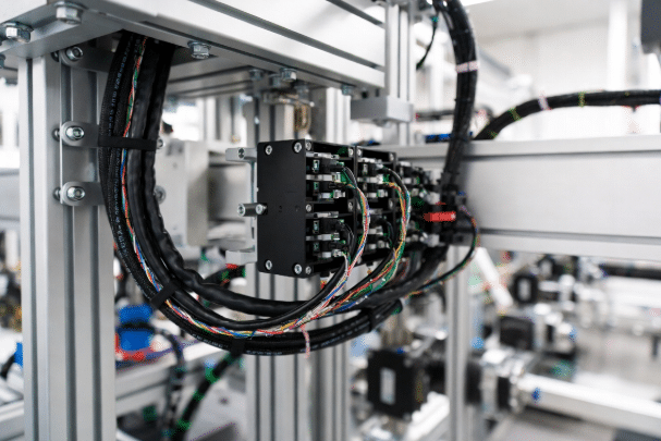 Professional view of servo power, encoder, and hybrid cables with black jackets and shielding connected to motors and drives in a modern industrial machine prototype, highlighting proper routing in cable tracks