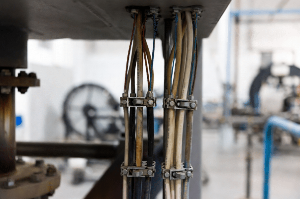 Bundled silicone and fluoropolymer high-temperature wires routed in a manufacturing plant near heaters and process equipment, demonstrating real-world thermal performance requirements