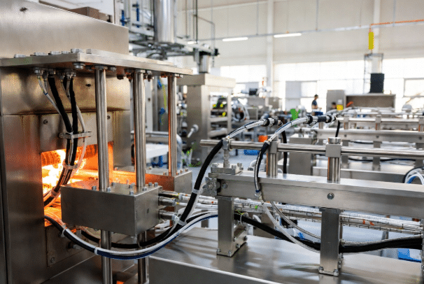 Professional view of modern food processing production line featuring flexible custom high-temperature silicone cables routed through hot oven zones on stainless steel machinery, demonstrating durable industrial installation