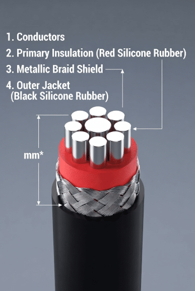 Technical cutaway view of custom high-temperature silicone cable showing conductors, insulation layers, shielding and jacket designed for thermal and mechanical stress in industrial use