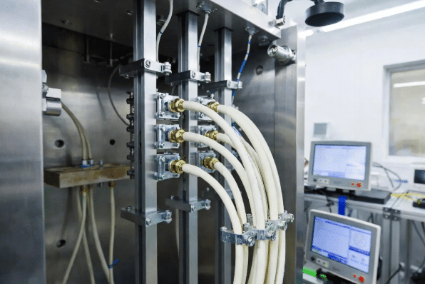 Professional laboratory setup showing custom high-temperature silicone cables undergoing prototype testing with thermal monitoring equipment, verifying performance for industrial automation applications