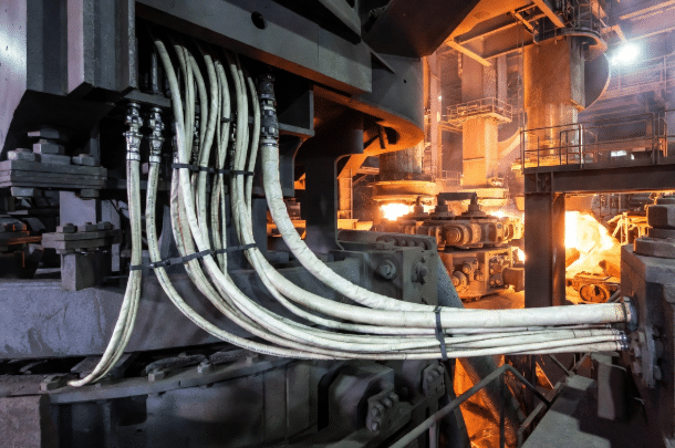 Professional view of durable white high-temperature silicone cables installed on heavy machinery near furnaces in a steel mill, demonstrating real-world high-heat industrial application