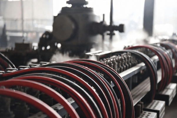 Close-up of flexible silicone rubber cable insulation in red and black on cable trays near hot industrial machinery, demonstrating durability and thermal stability for high-temperature applications