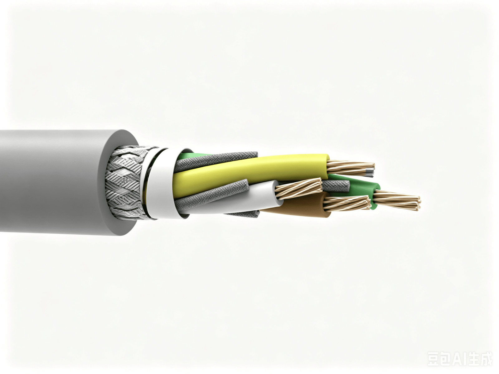 Close-up of a gray robot cable with shielded multi-core stranded copper conductors and color-coded insulation (yellow, green, white, brown), engineered for high-torsion, oil-resistant applications in industrial robots and robotic arms.