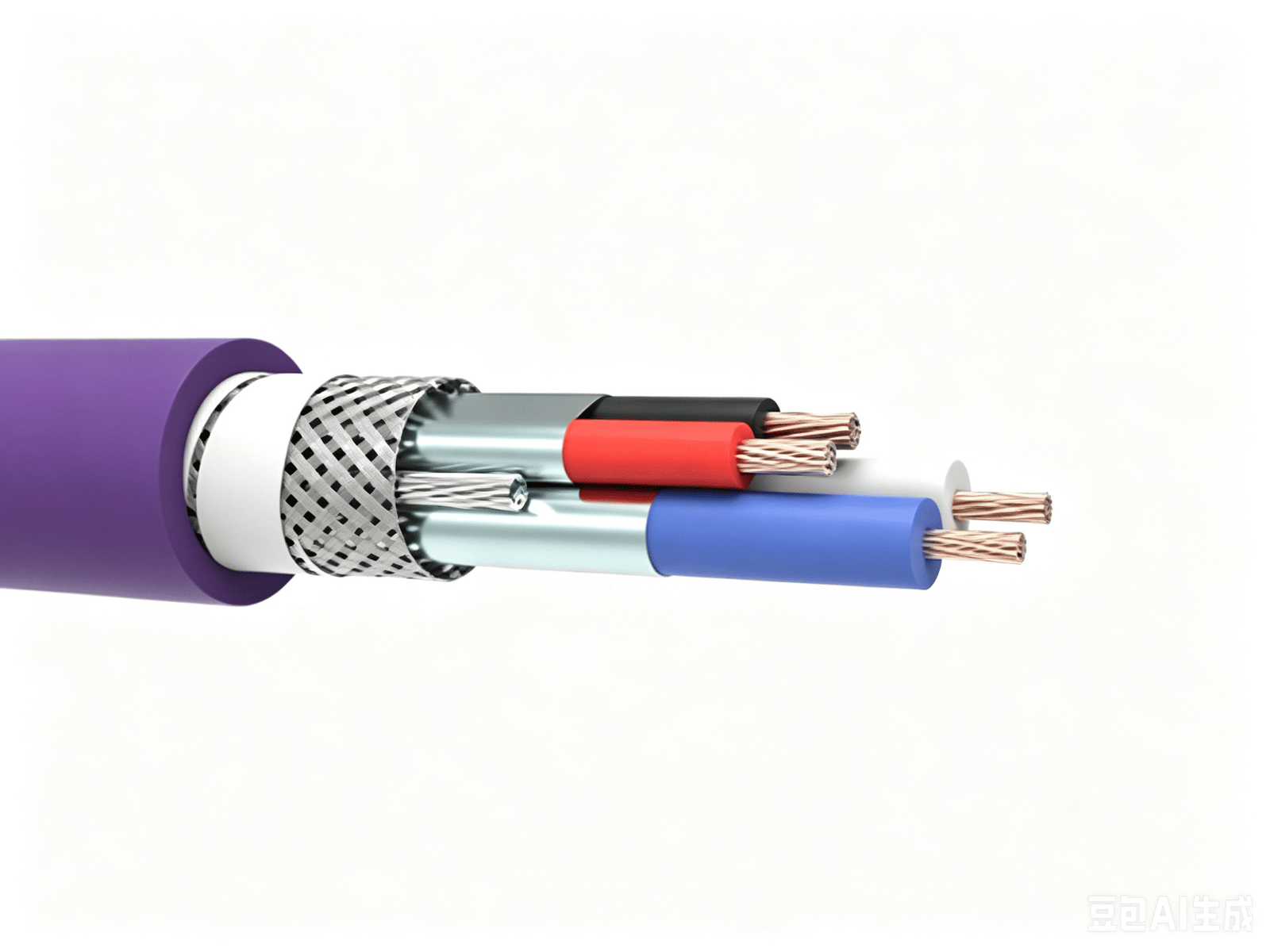 Close-up of a purple industrial bus cable with shielded multi-core stranded copper conductors and color-coded insulation (red, blue, black, white), engineered for high-torsion, oil-resistant applications in industrial robots and robotic arms.