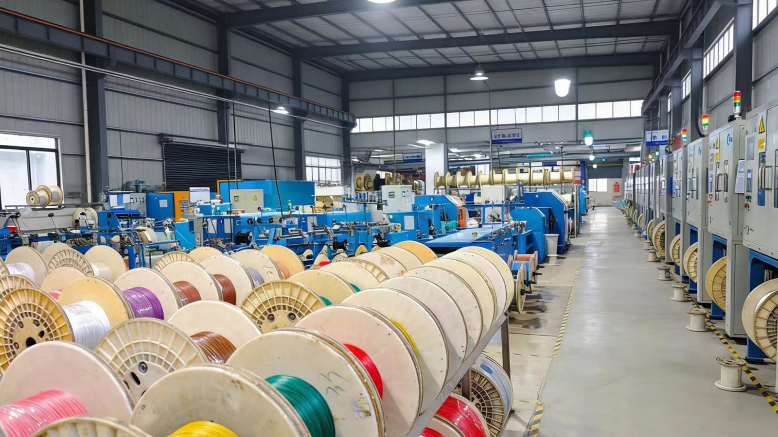 Wide view of Hulk Cable manufacturing facility showing automated cable production lines and large inventory of wire spools