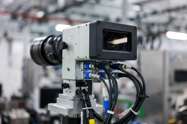 Industrial camera with custom hybrid cables for data, power, I/O triggers and lighting connections showing integrated cabling solution