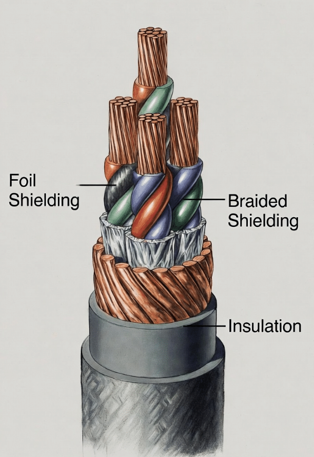 Detailed cutaway of high-performance servo cable showing twisted pairs, individual shields, foil and copper braid layers for EMI protection in high-EMI servo applications
