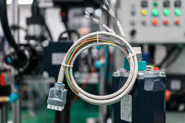 ybrid servo motor cable assembly integrating power, encoder feedback, and brake conductors for simplified wiring in robotics and CNC applications