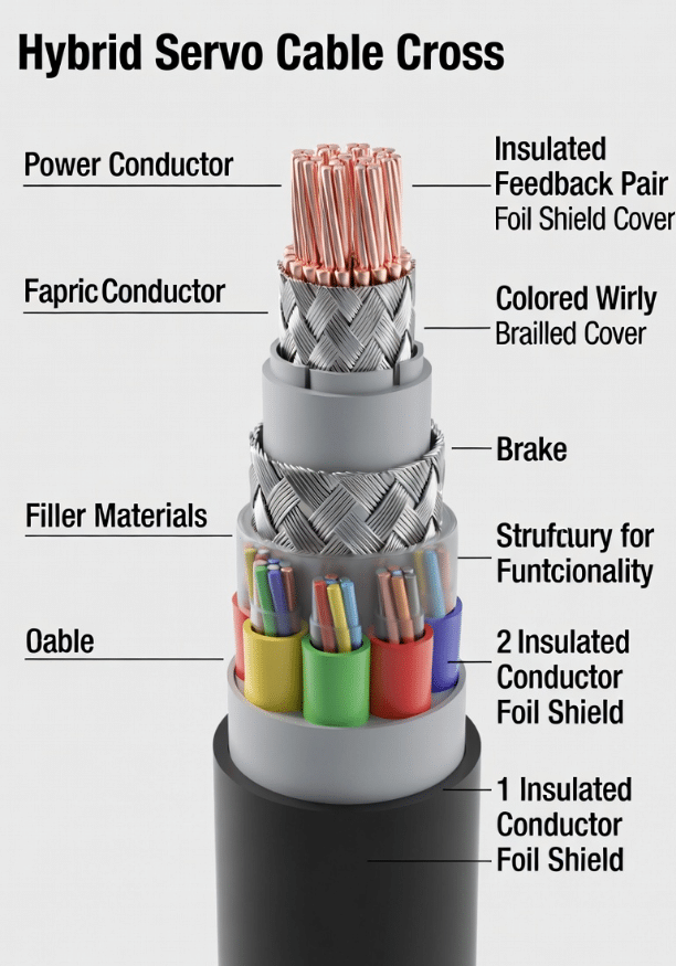 Detailed cross-section view of hybrid servo cable showing power cores, shielded feedback pairs, brake wires, and robust jacket designed for CNC and dynamic automation applications