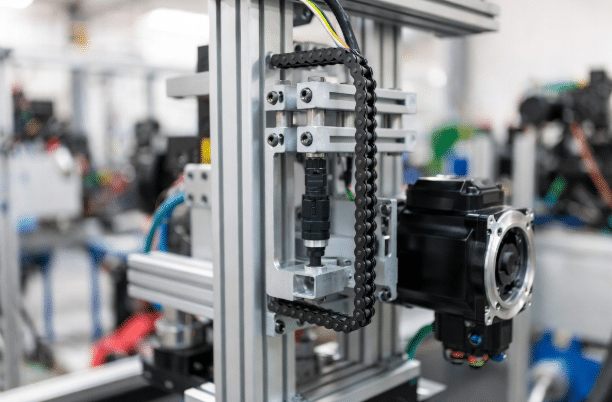Single hybrid servo cable connected to servo motor in narrow drag chain on compact machine, illustrating space savings and simplified routing advantages