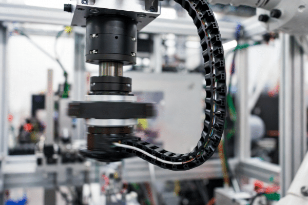Hybrid servo cable properly routed in moving cable carrier on robotic arm showing strain relief and dynamic flex performance for high-cycle industrial applications