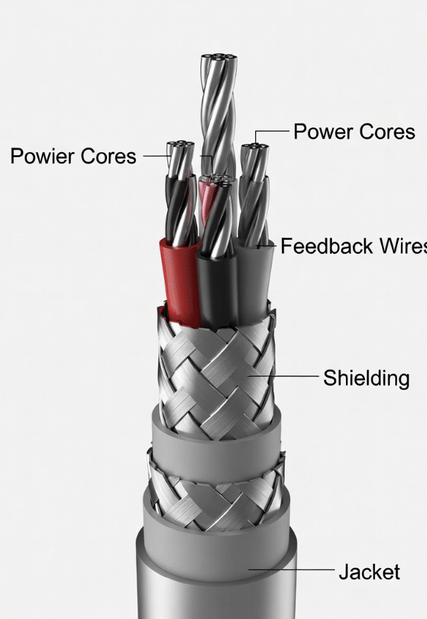 Detailed technical view of hybrid servo cable internal structure with power cores, feedback conductors, double EMC shielding for single-cable servo drive architectures