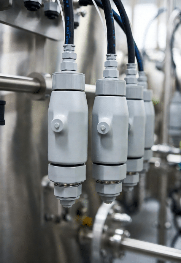 Neat hygienic routing of custom cables inside smooth protective conduits around food processing machinery demonstrating clean design and reliability