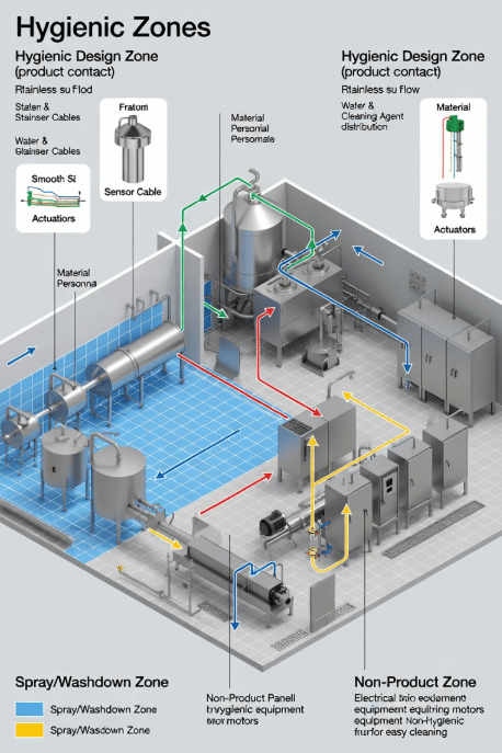 Technical diagram illustrating Hygienic Design Zone, Spray/Washdown Zone, and Non-Product Zone with examples of appropriate sensor and actuator cabling placement for food and beverage lines