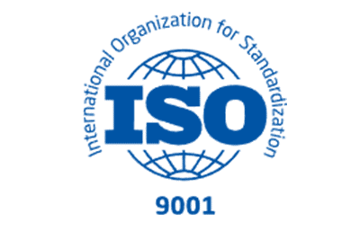 Blue ISO 9001 certification logo representing internationally recognized quality management system compliance for manufacturing and service processes.