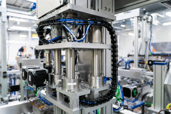 Professional view of high-flex actuator cables and robot torsion cables properly routed in drag chains connecting servo motors and linear actuators in a clean industrial automation environment, demonstrating safe