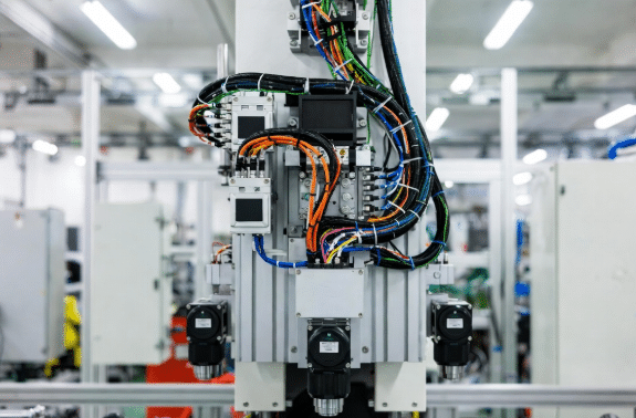 Professional view of a CNC machining center in operation with multiple orange-jacketed servo motor cables clearly visible running from the electrical cabinet to the servo motors on each axis, demonstrating the critical role of proper cabling in precision motion systems.