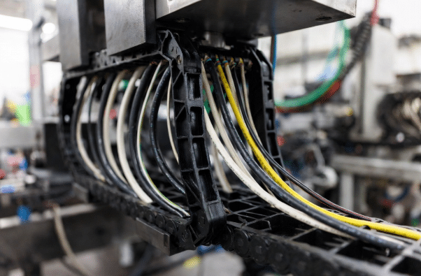 Close-up of cables bending inside plastic drag chain on CNC or gantry system, highlighting continuous-flex requirements for bending motion in robotics
