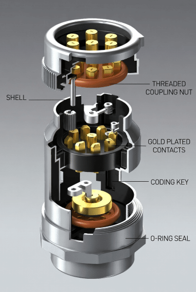 Detailed view of industrial circular connector components including shell, pins, coding key, and IP seal for sensor connectors in automation