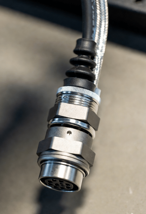 Close-up of properly terminated servo feedback cable connector showing EMC backshell and strain relief for reliable grounding and signal integrity