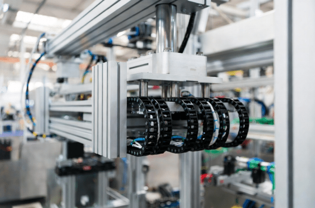Professional view of automation gantry highlighting drag chain cables on short-stroke, long-travel, and high-speed axes in a factory setting, demonstrating motion profile matching for continuous flex cable design