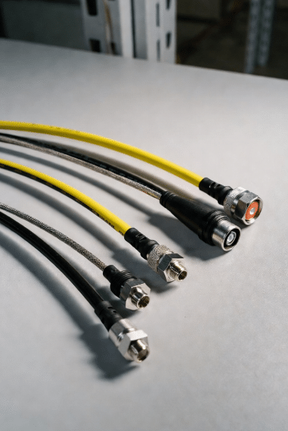 Professional display of PUR-jacketed high-flex sensor cables featuring shielding and M8/M12 connectors designed for conveyor and automated warehouse applications