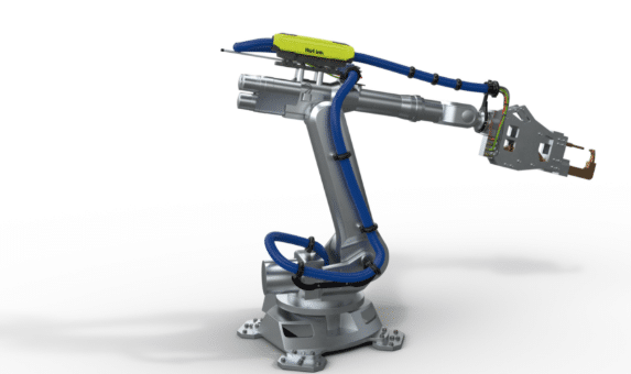 Realistic photo of a 6-axis industrial robot arm with visible torsion-rated data and control cables routed through dress packs, highlighting 3D motion and dynamic flexing in automation environment