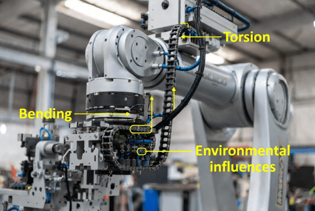 Annotated photo of flexible cable installation on industrial robot arm showing torsion, bending paths, and environmental exposure in automation setting