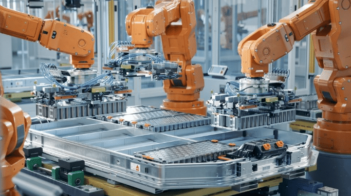 Realistic view of orange industrial robots with visible drag chain cabling and halogen-free wiring in a modern automation production cell, highlighting motion control and fire safety considerations