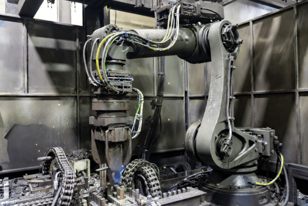 Six-axis industrial robot operating in harsh environment with visible torsion cables along arm and drag chain, exposed to oil, coolant, metal chips and weld spatter, highlighting need for durable jacket materials