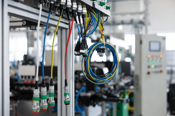 Multiple standard and custom sensor cables with M12 connectors installed on industrial automation machinery, highlighting flexible routing and durable jackets in a modern factory setting