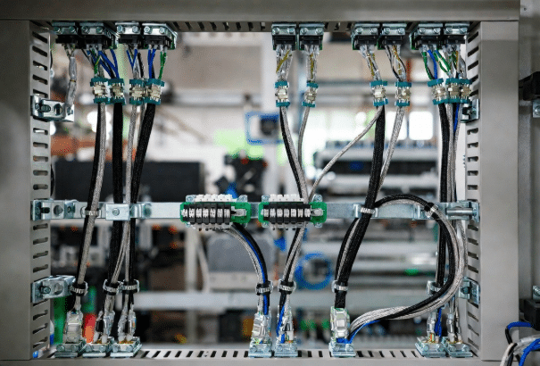 Realistic view of servo motor power and feedback cables with braided shields and proper grounding in an industrial control panel, illustrating best practices for high-EMI environments
