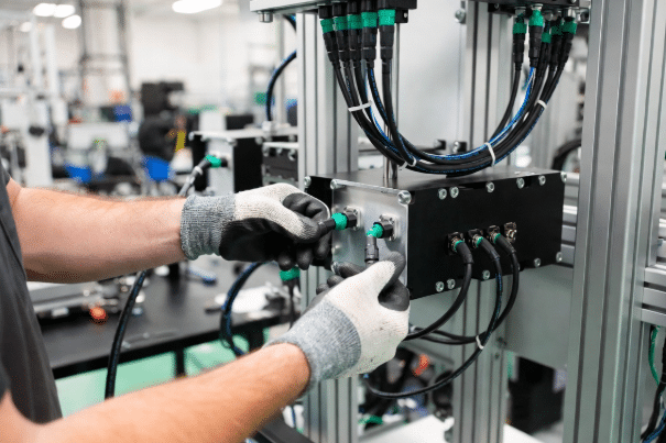 Technician in industrial plant inspecting and routing flexible sensor actuator cables with M12 connectors for IO-Link system, highlighting proper installation and quality control