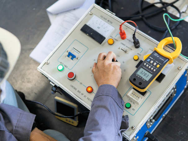 Professional electrical testing setup with insulation resistance tester and high-voltage equipment used to evaluate dielectric strength of silicone cables in a technical laboratory