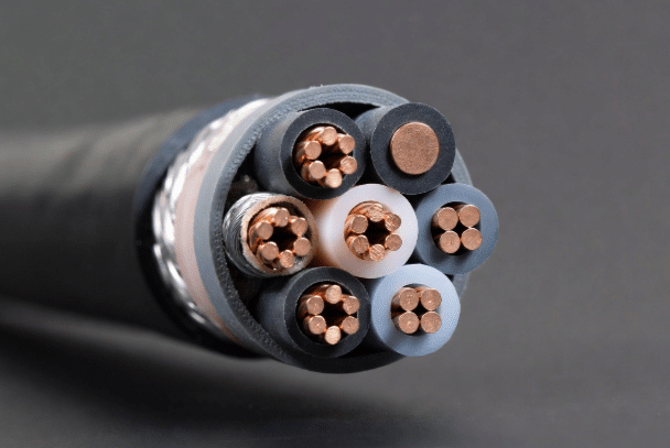 Detailed cross-section of continuous-flex servo motor cable showing fine-stranded conductors, shielding, fillers, and jacket for dynamic motion applications