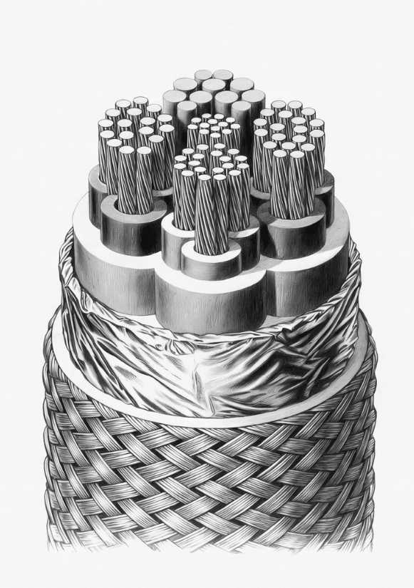 Cutaway of custom torsion cable showing basket weave braid, spiral shield, and combined shielding layers optimized for high-torsion robot wrist applications