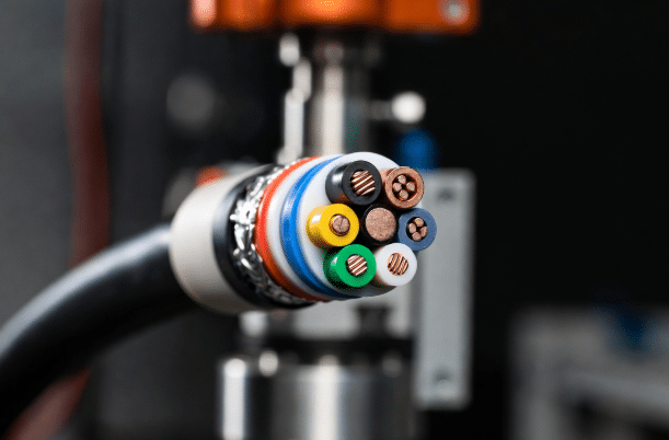 Cutaway view of torsion-rated shielded cable revealing conductors, twisted pairs, combined foil and braid shielding for EMI protection in dynamic robotic use