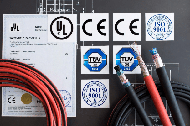 Display of UL, CE, TÜV, ISO 9001 and other certification marks alongside high-temperature silicone cable samples, highlighting quality and compliance standards