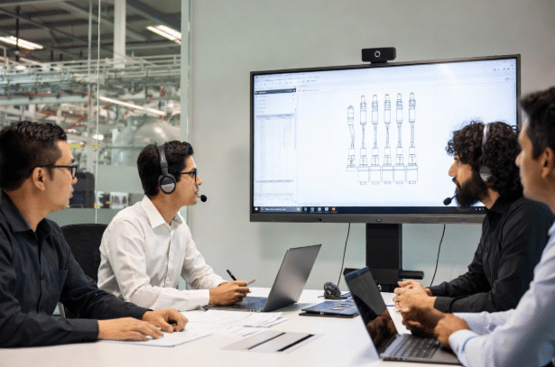 Multinational teams collaborating via video conference on cable technical specifications and drawings