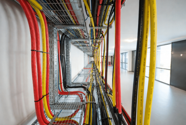 LSZH halogen-free cables routed in building corridors and escape paths highlighting low smoke zero halogen performance for public infrastructure and regulatory compliance