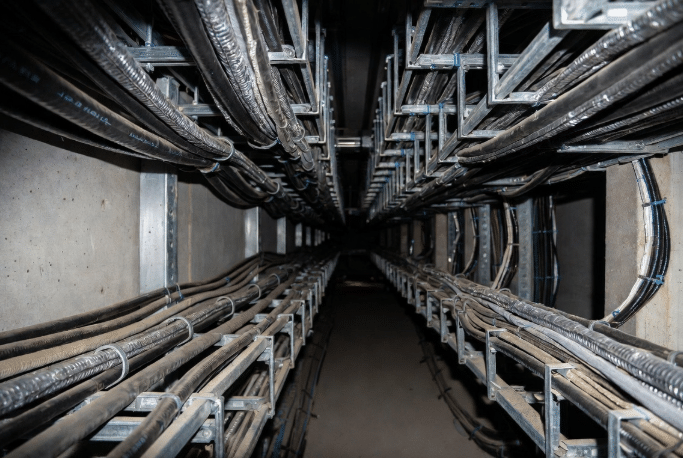 Professional view of bundled LSZH industrial cables routed in confined safety-critical installation such as tunnel or server room cable trays, highlighting jacket materials in real engineering setting