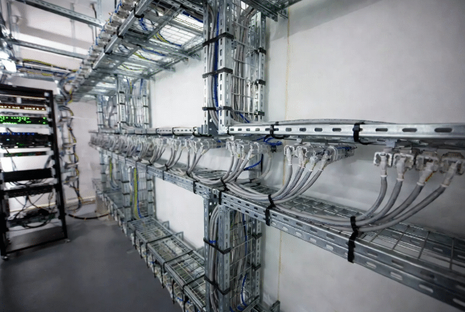 Bundled low smoke zero halogen LSZH cables neatly routed in industrial cable trays within a modern data center control room, highlighting organized installation for fire safety and equipment protection in enclosed environments