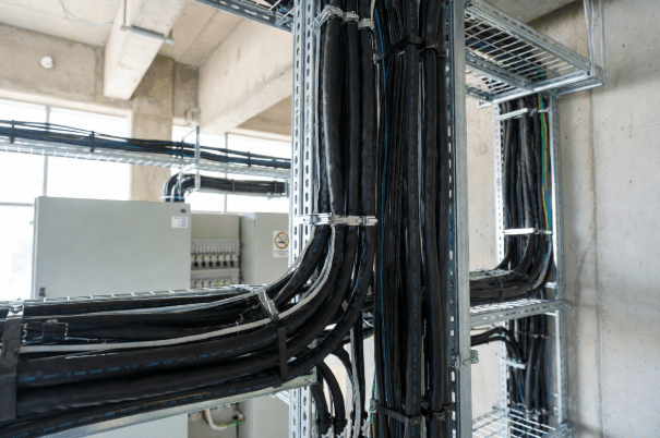 Professional view of LSZH halogen-free cables in modern building infrastructure showing organized installation in trays for fire safety and compliance in high-occupancy projects