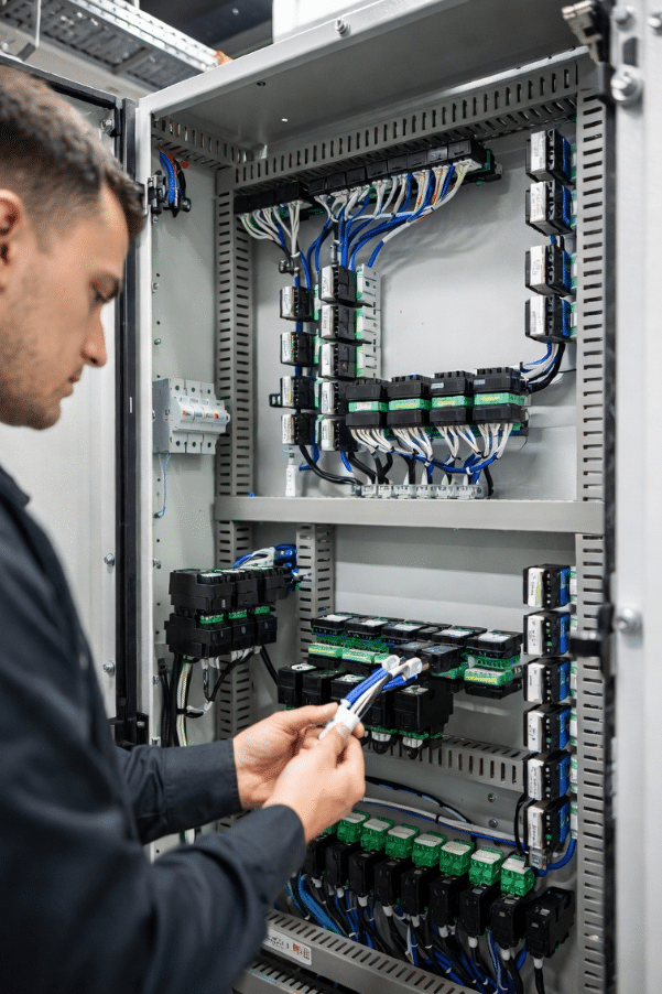 Technician view of clearly labeled servo cables with accessible service loops and organized routing supporting troubleshooting and maintenance in automation equipment